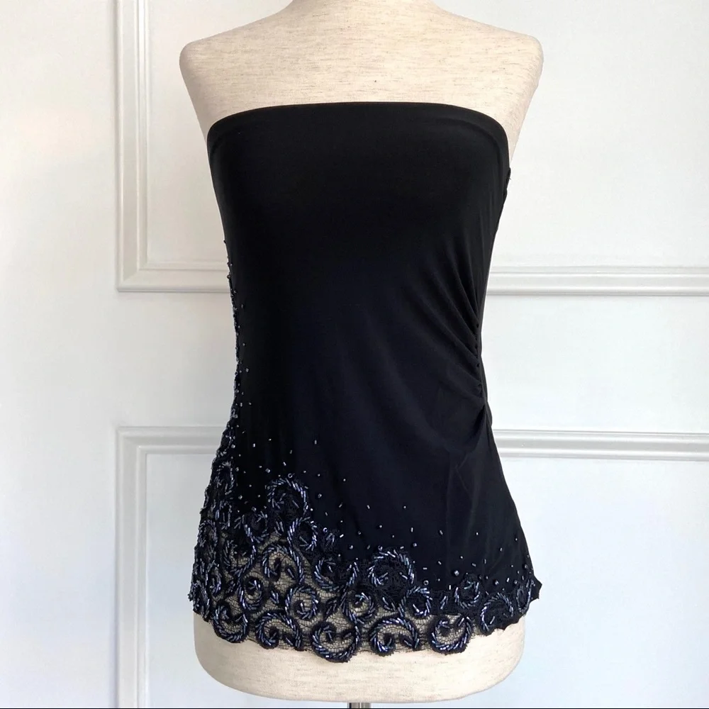 Amanda Adams Couture Black Strapless Hand Beaded Top Embroidered Lace Sz S NWOT - Picture 1 of 10